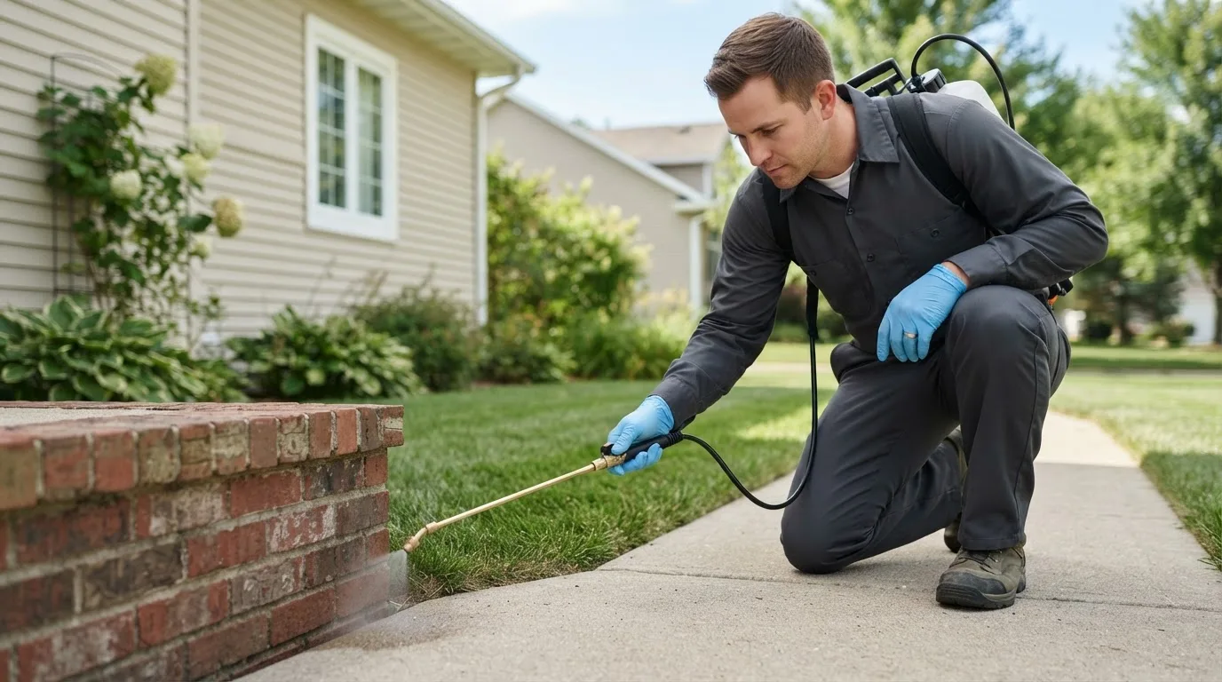 Pest control technician treating a home near Ohkay Owingeh, NM